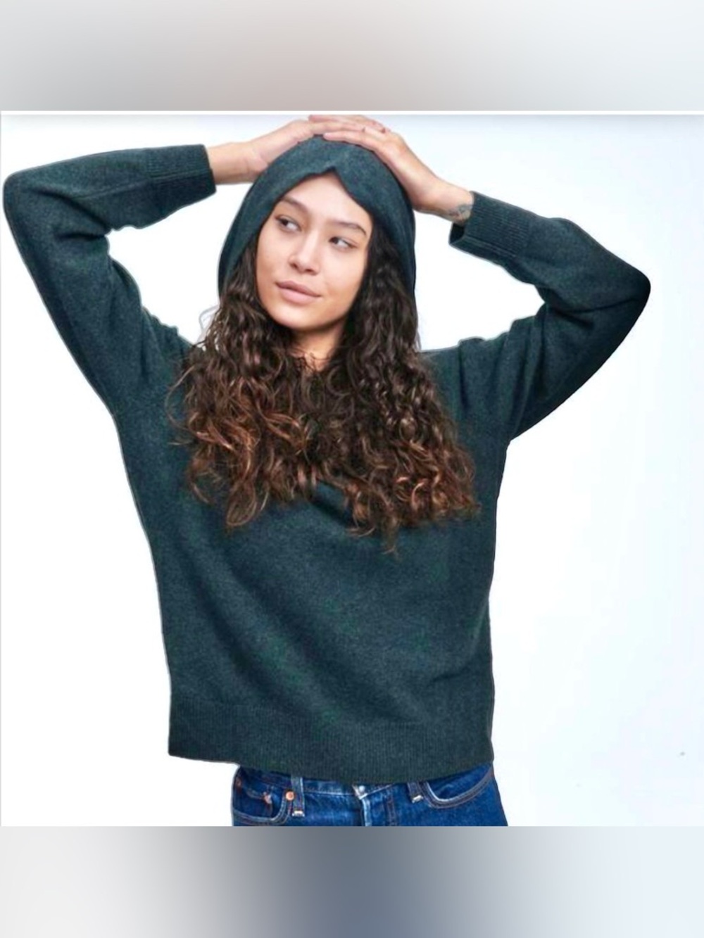 NAADAM 100% Cashmere Hoodie Long Sleeve Sweater Pine Heather Green